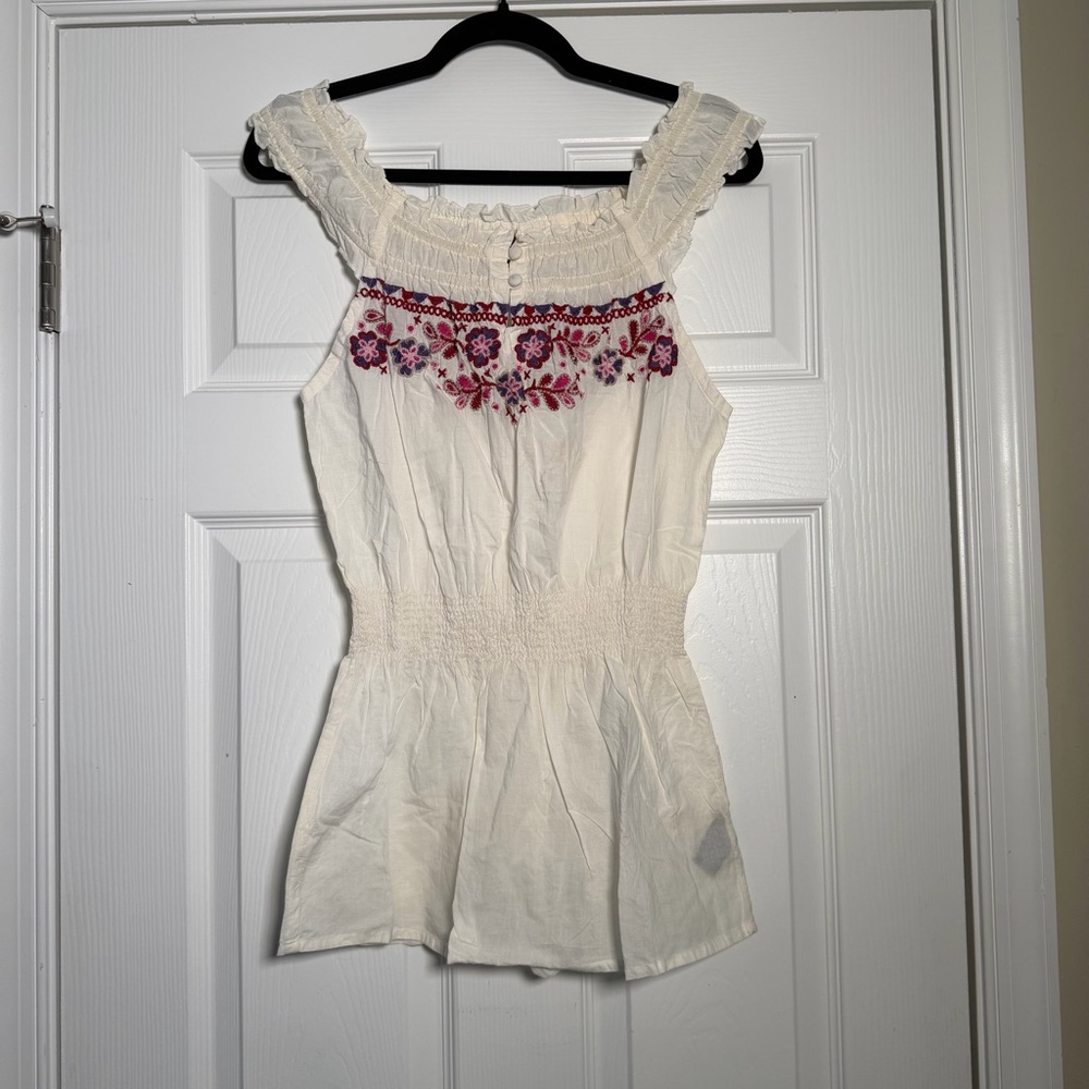Cream White Smocked Off the Shoulder Floral Peplum Summer Top Button Up Detail